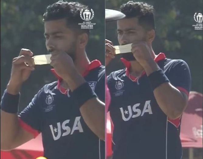 [Watch] Ali Khan's savvy mouth-tape celebration after stunning return catch against Netherlands at the Cricket World Cup 2023 Qualifier