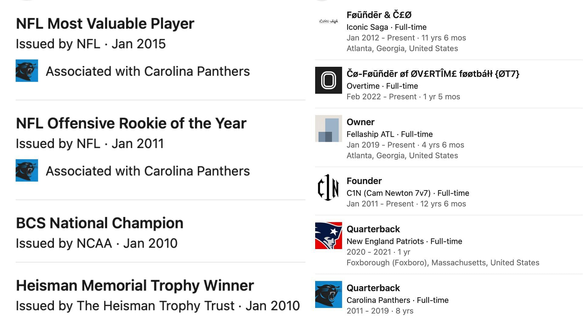 Cam Newton&#039;s Awards (L) and Experience (R) on listed on his LinkedIn page.