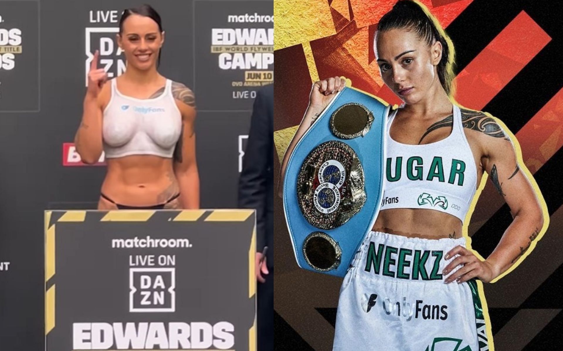 Cherneka Johnson at weigh-ins (left) and holding her IBF super bantamweight title (right) [Images Courtesy: @sugar_neekz and @matchroomboxing on Instagram]