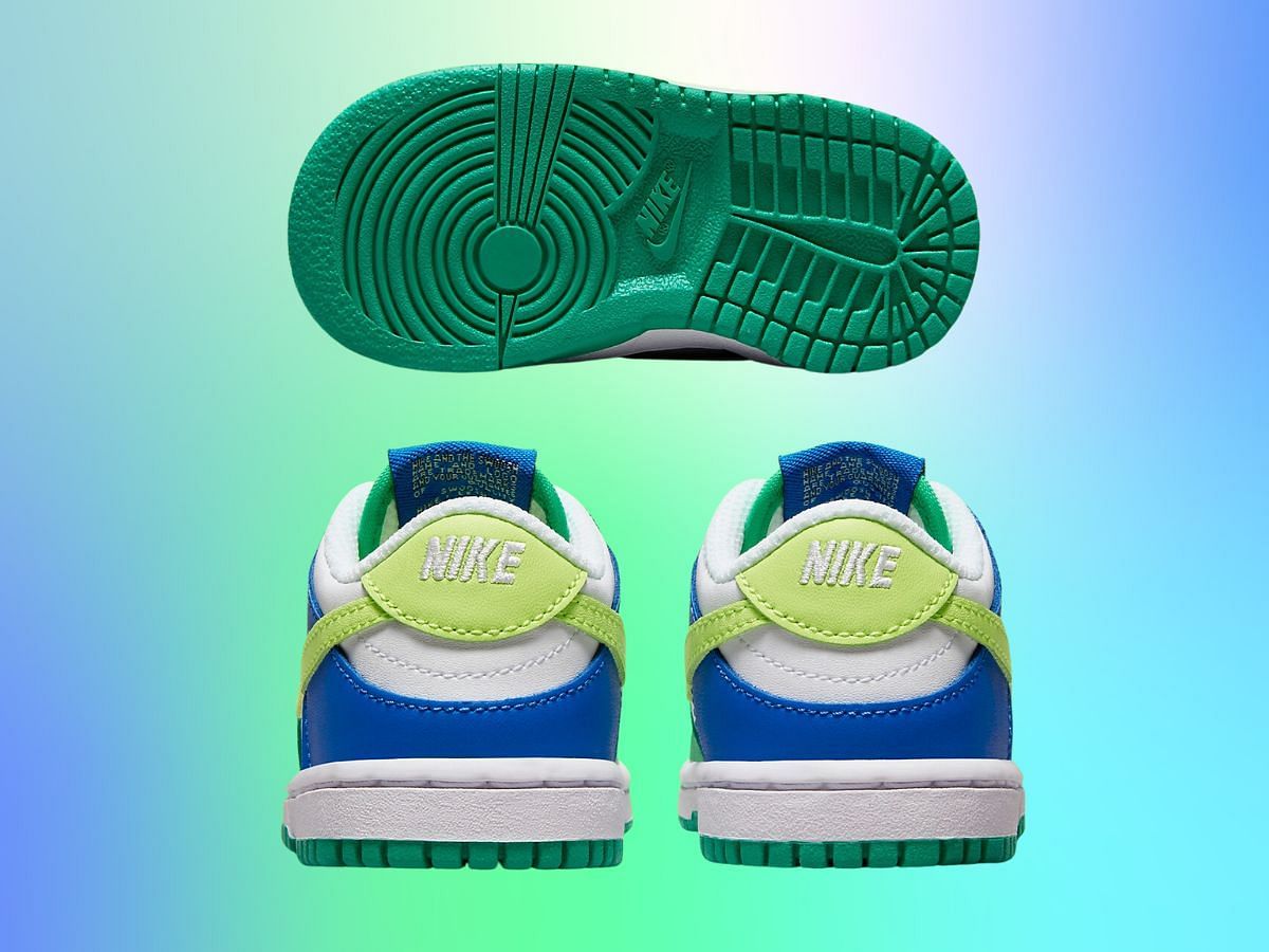 Front of Dunk Low TD &quot;Green and Blue&quot; sneakers (Image via Nike)