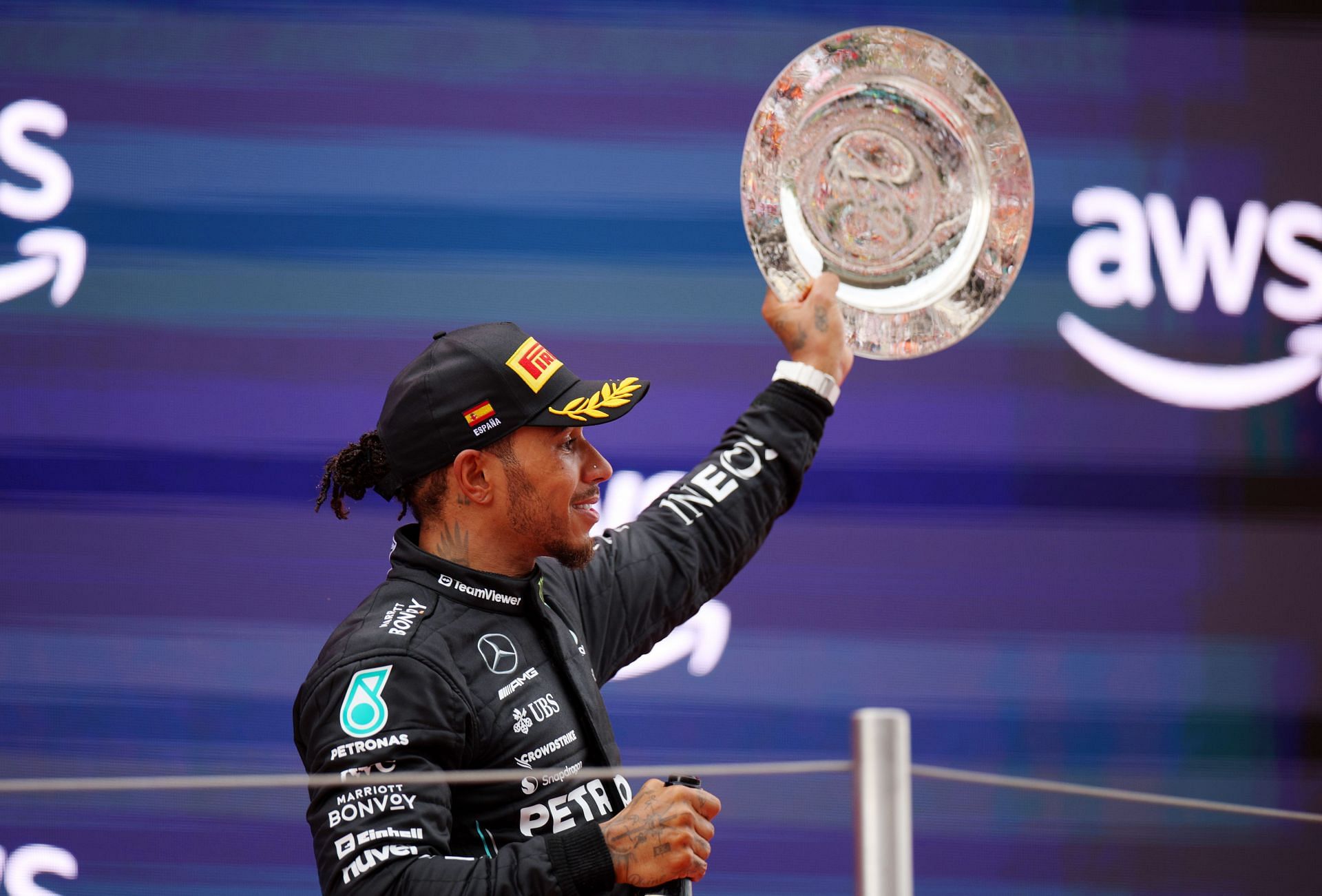 Lewis Hamilton on the podium after the Spanish GP