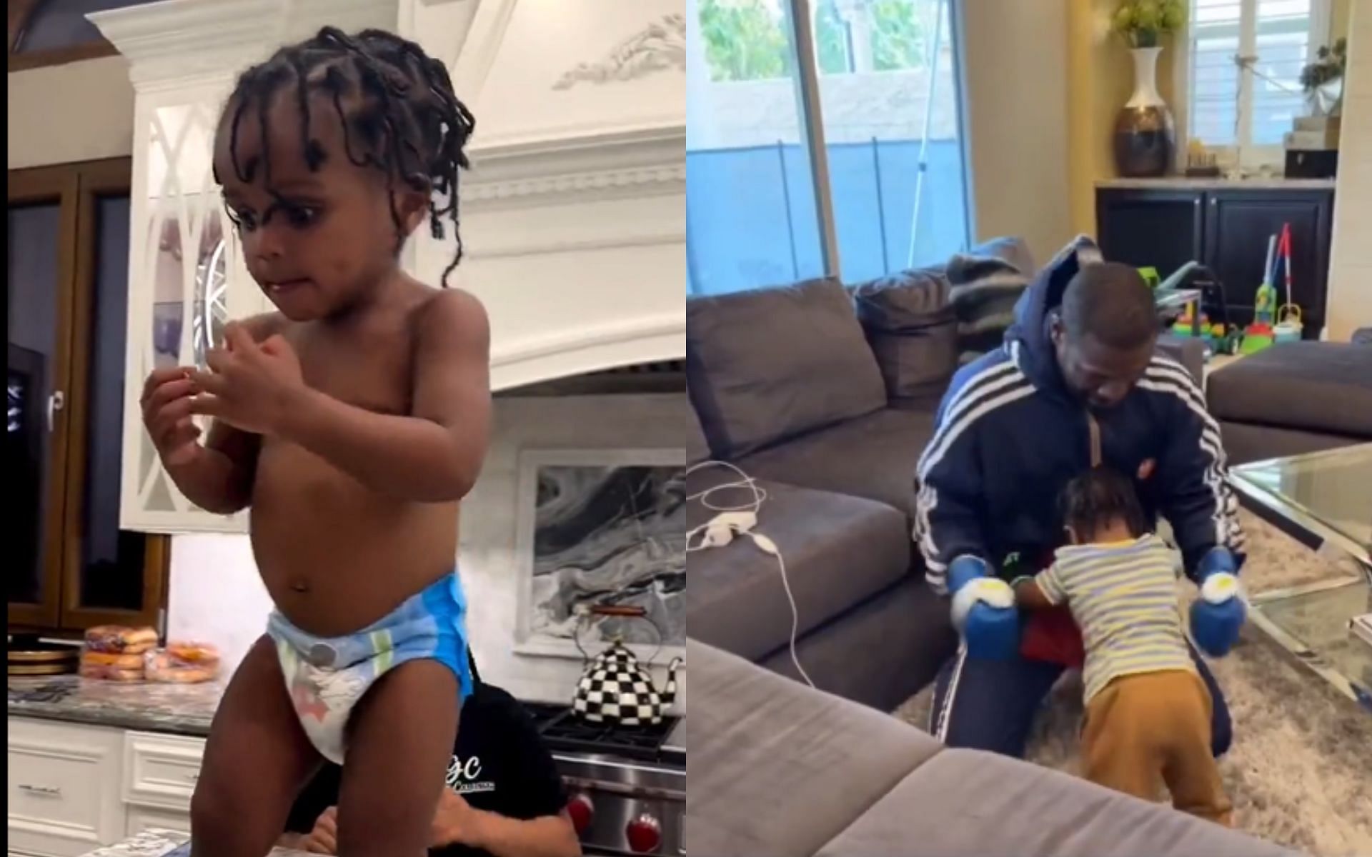 Kentrell Gaulden Jr. (left) and Floyd Mayweather sparring with his grandson KJ (right)(Image credits @nojumper and @DailyLoud on Twitter)