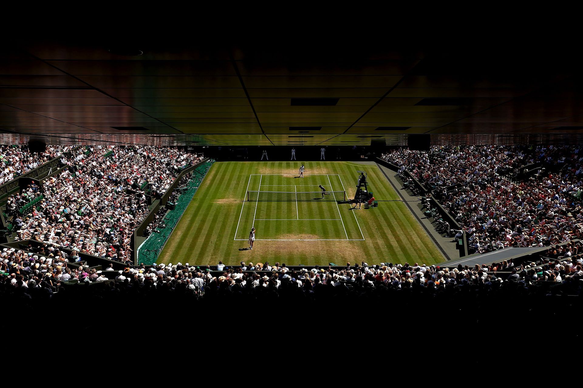 A general view of the Centre Court at All England Lawn Tennis and Croquet Club.