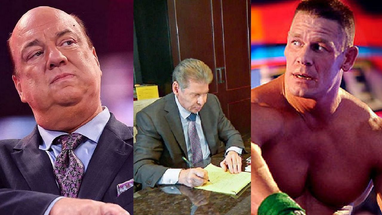 Paul Heyman (left); Vince McMahon (middle); John Cena (right)