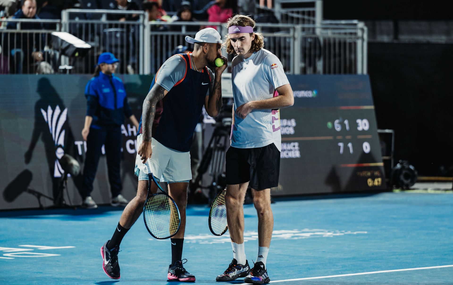 Stefanos Tsitsipas and Nick Kyrgios at the Diriyah Tennis Cup in December 2022