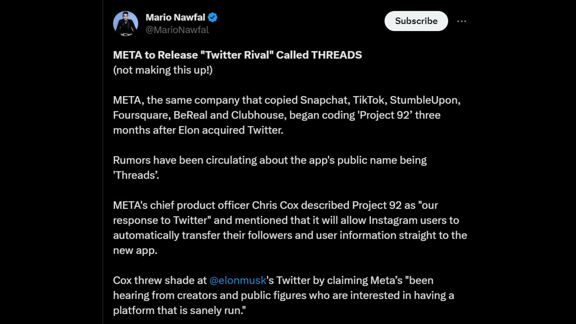 A tweet sharing the launch news of &quot;Threads&quot; as Twitter&#039;s rival platform. (Image via Twitter/Mario Nawfal)