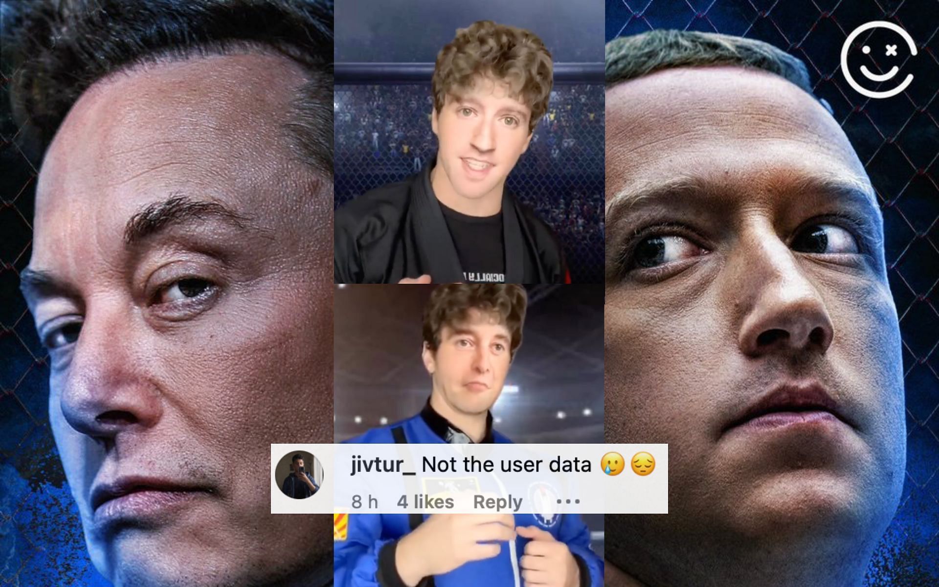Elon Musk vs. Mark Zuckerberg (background) and the reenactment by Austin Nasso (insets). [Images courtesy: background via Twitter @MarioNawfal and insets via Instagram @austinnasso]