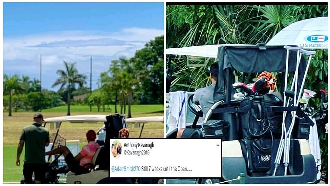 "Still 7 weeks until the Open" - Fans react to spotting Tiger Woods for the first time post ankle surgery at Palm Beach Gardens
