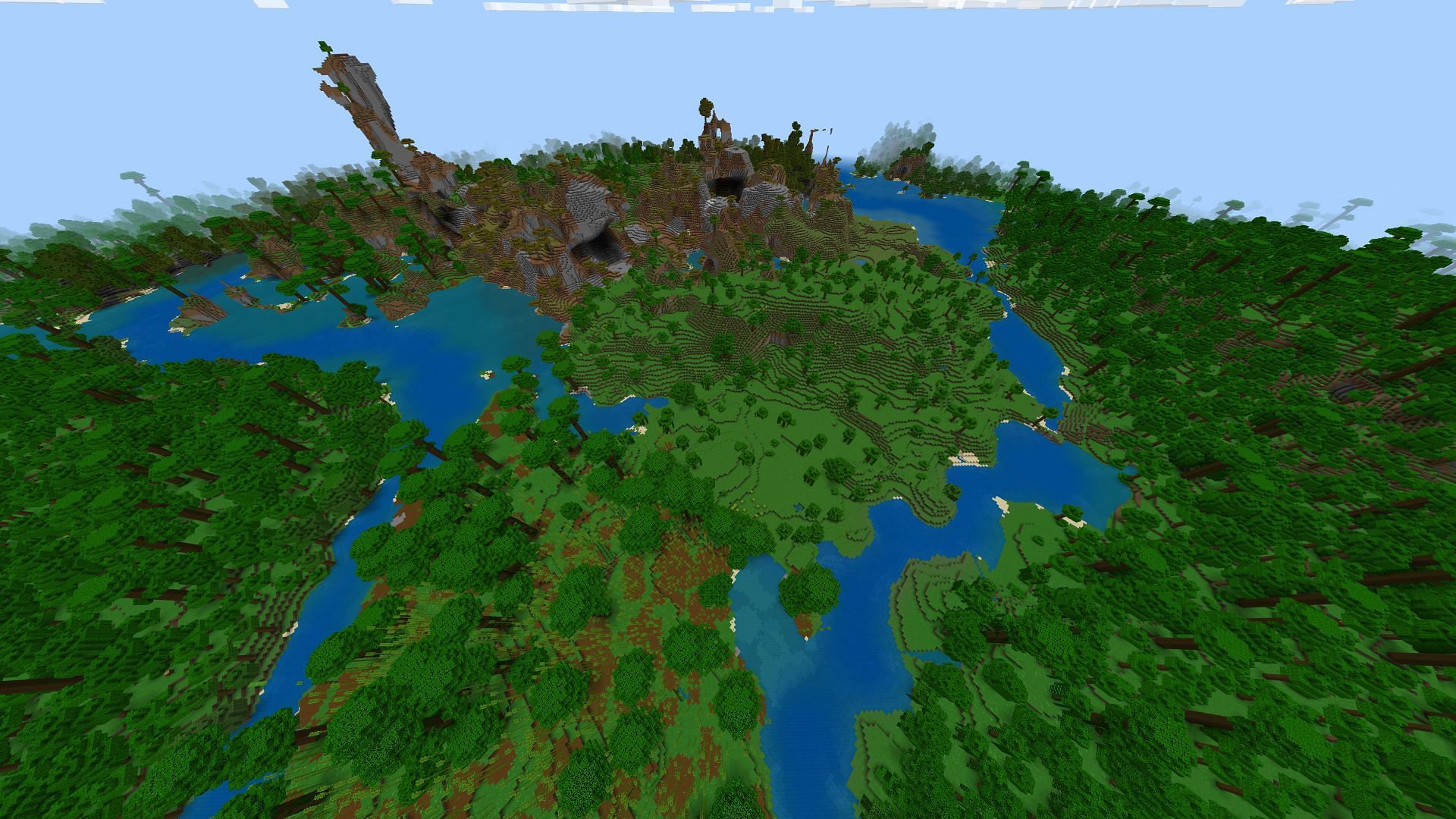 A massive island with winding rivers and multiple biomes awaits players in this seed (Image via Mojang)