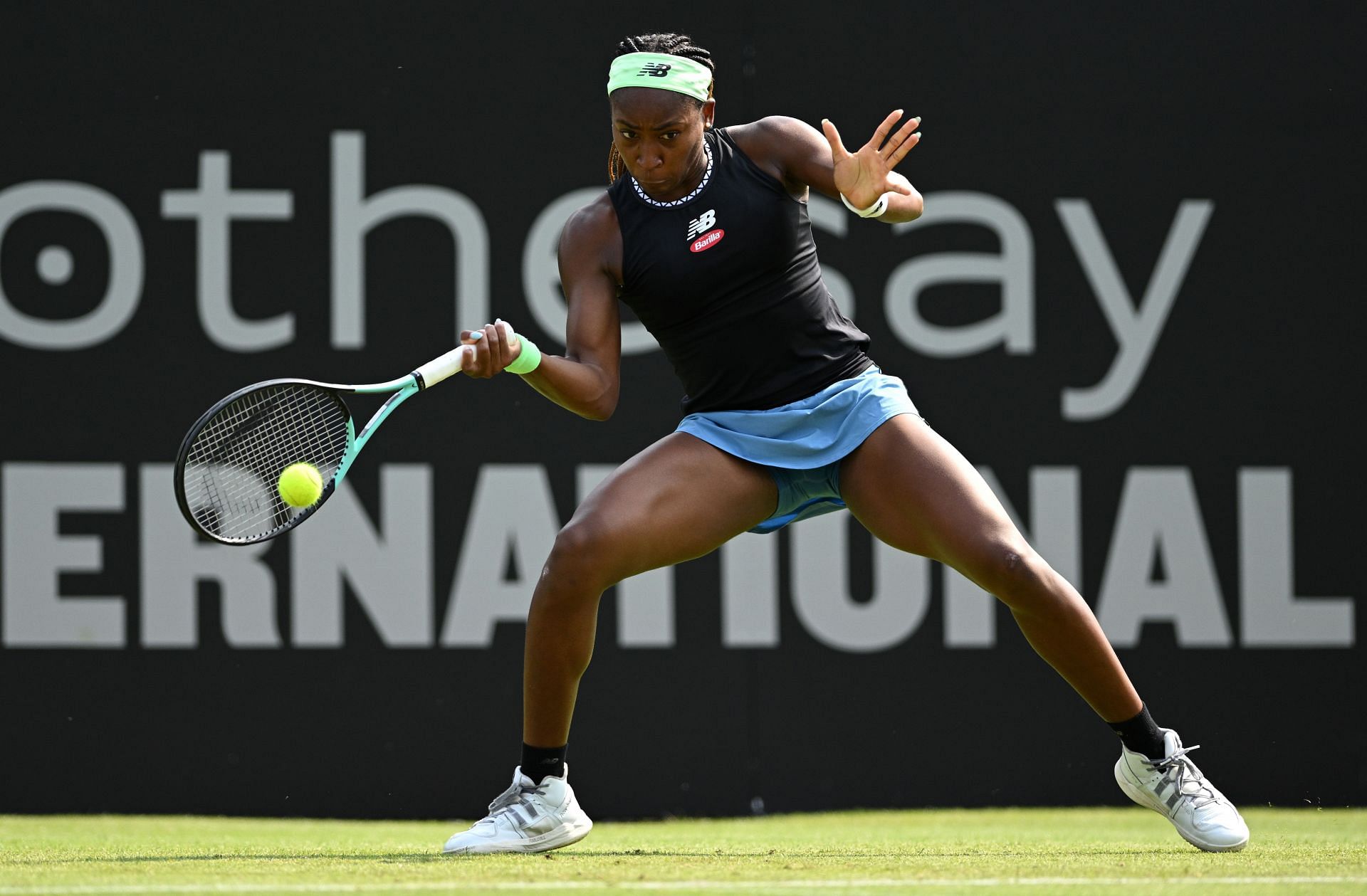 Coco Gauff plays a forehand at Rothesay International, Eastbourne