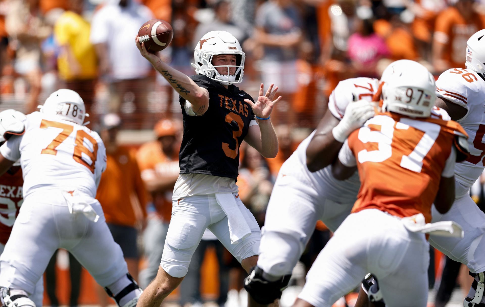 Quinn Ewers #3 of the Texas Longhorns throws a pass during the Texas Football Orange-White Spring Football Game