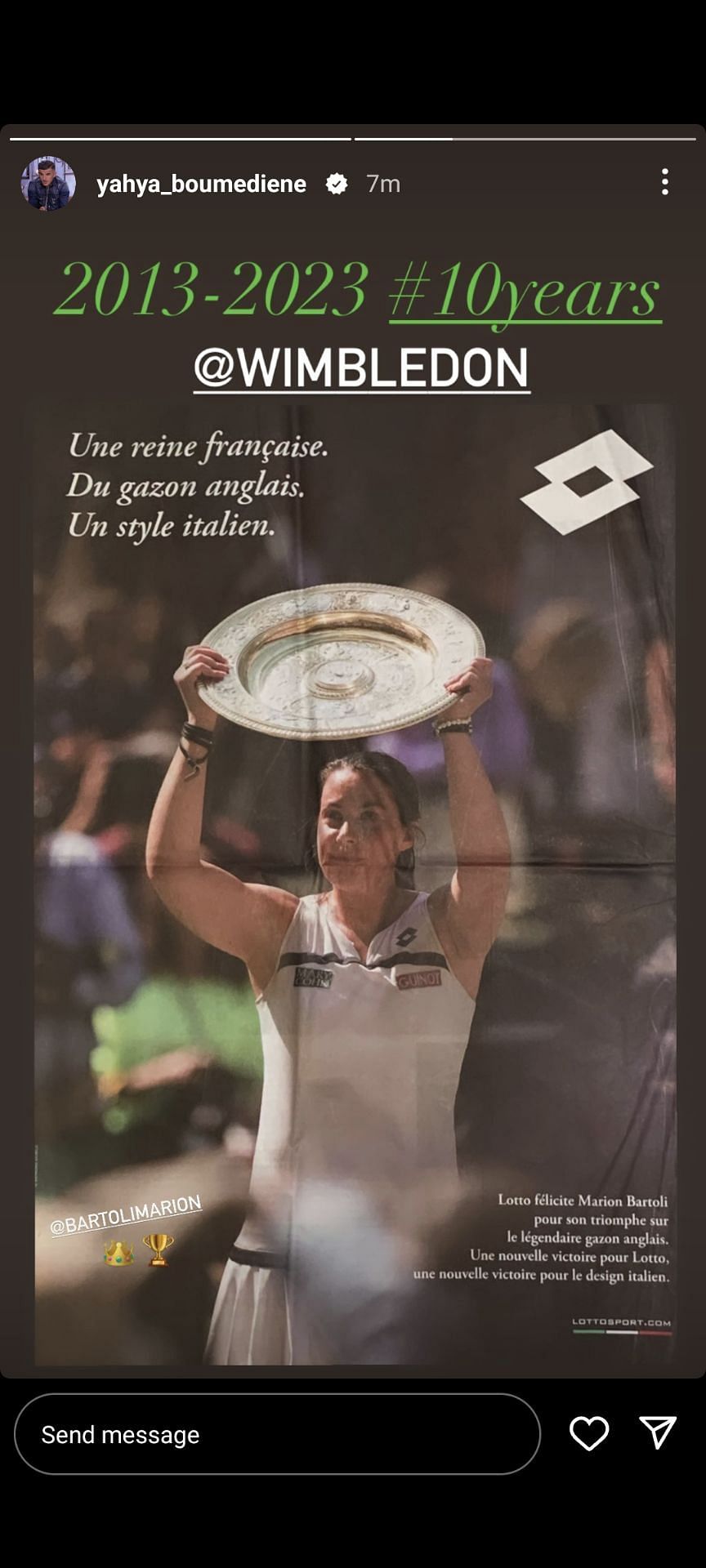 Marion Bartoli&#039;s husband Yahya Boumediene celebrates his wife&#039;s success at the 2013 Wimbledon Championships.
