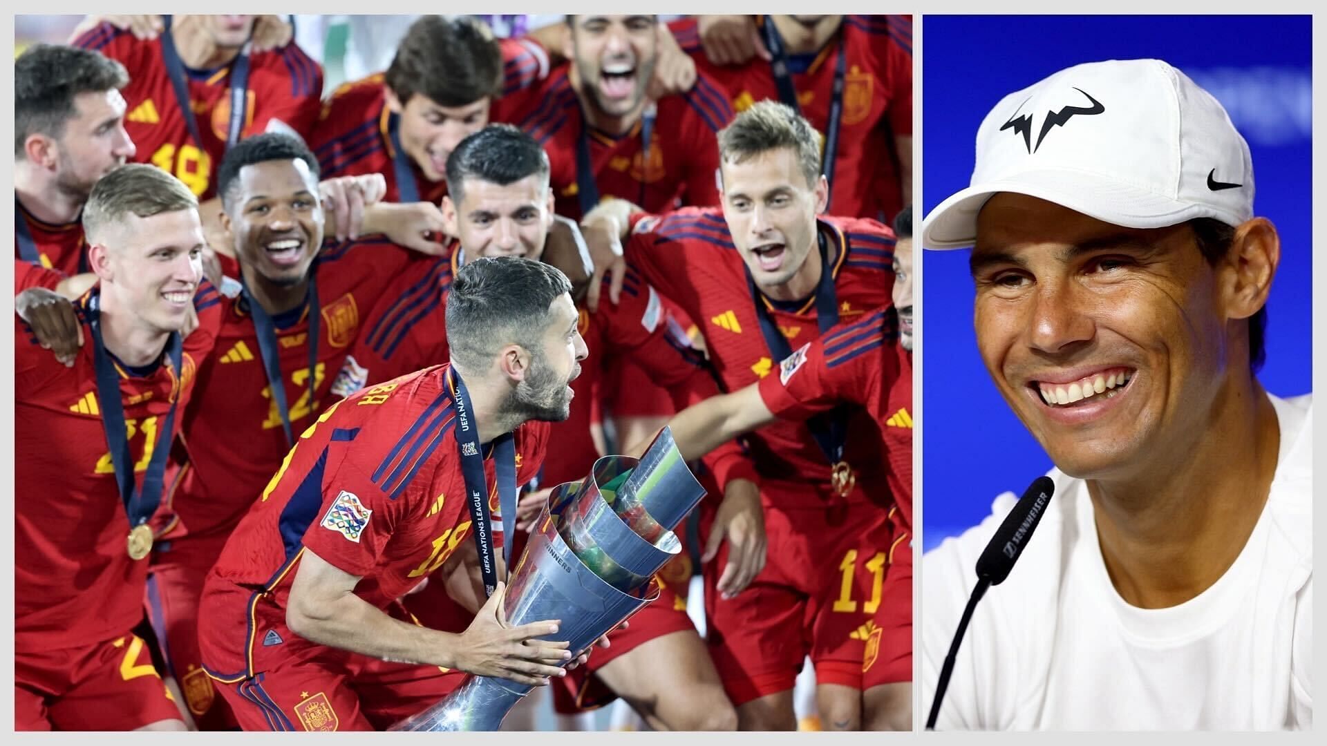 The Spanish National football team with the 2023 UEFA Nations League title (L) and Rafael Nadal (R)