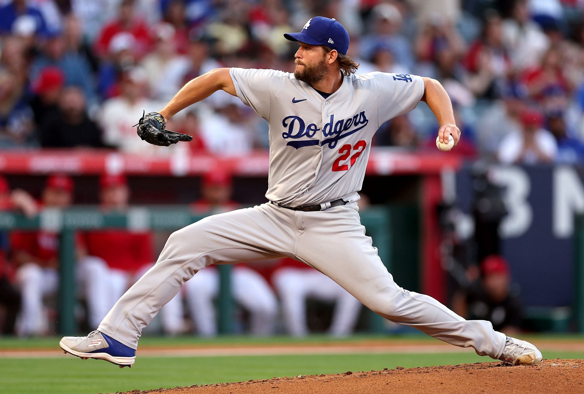 Clayton Kershaw #22 of the Los Angeles Dodgers pitches during the second inning of a game \aa\at Angel Stadium of Anaheim on June 20, 2023 in Anaheim, California. (Photo by Sean M. Haffey/Getty Images)