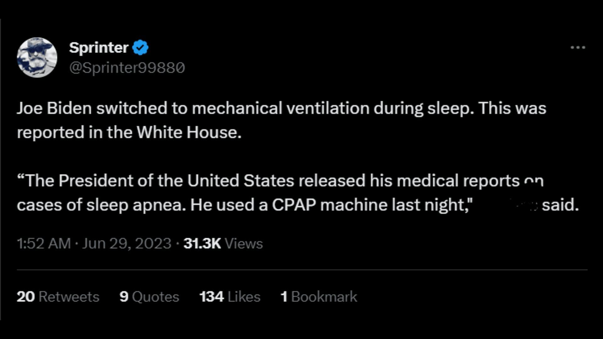 A tweet reporting about Joe Biden&#039;s sleep apnea. (Image via Twitter/Sprinter)