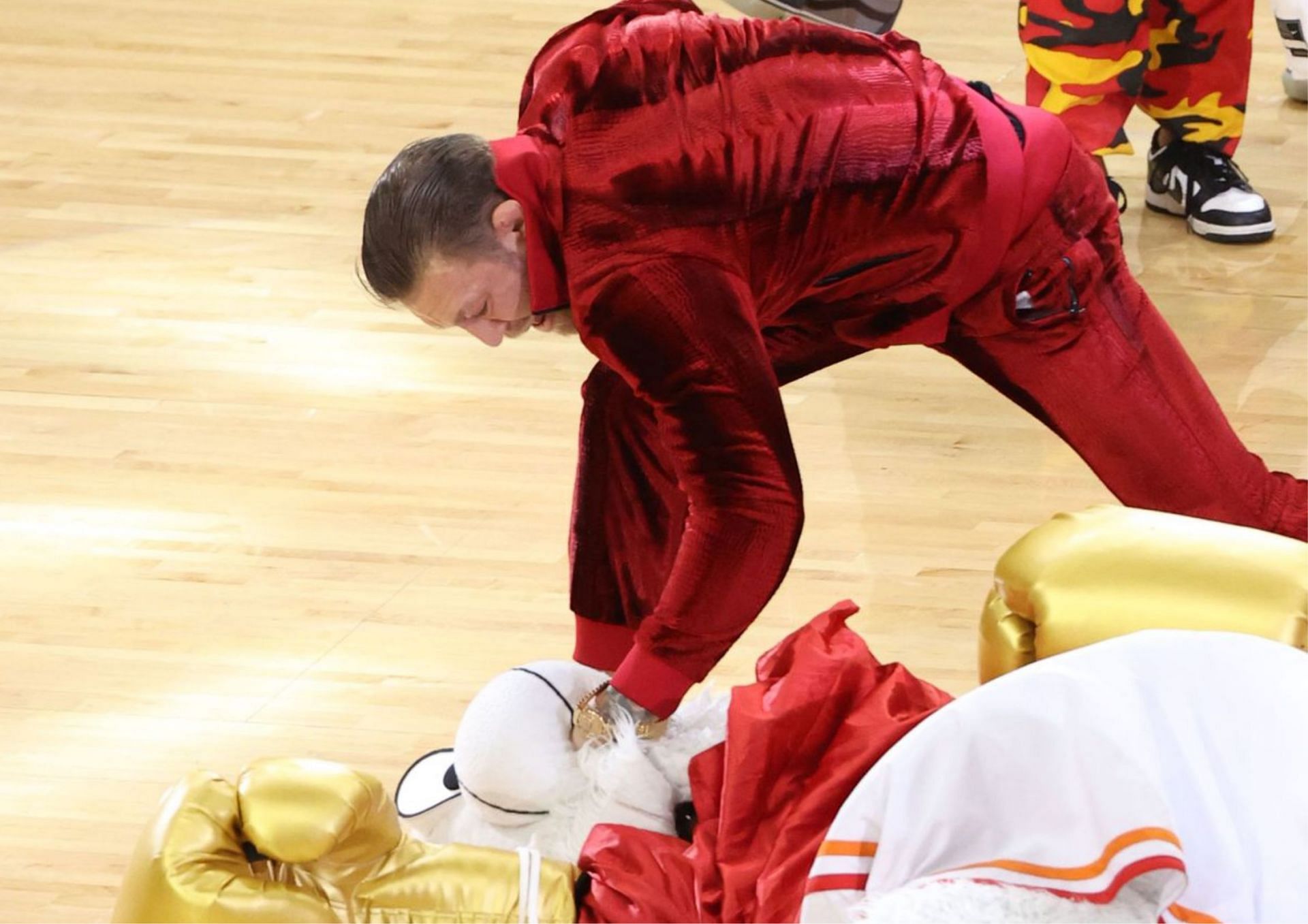 Conor McGregor knocked out Burnie, the Miami Heat mascot during the halftime show of Game 4 of the NBA Finals.