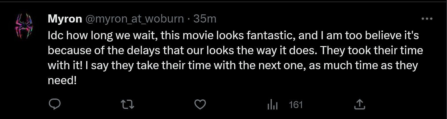 A tweet reply to DF&#039;s post about Across the Spider-Verse sequel (Image via Twitter)