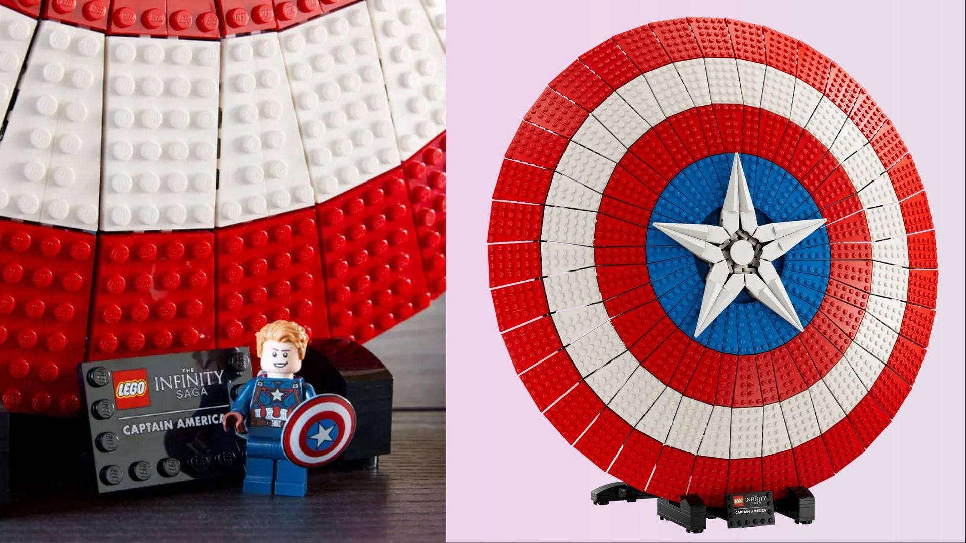 Captain America&#039;s Shield set comes with a Captain American mini figure, a stand, and a nameplate (Image via LEGO)