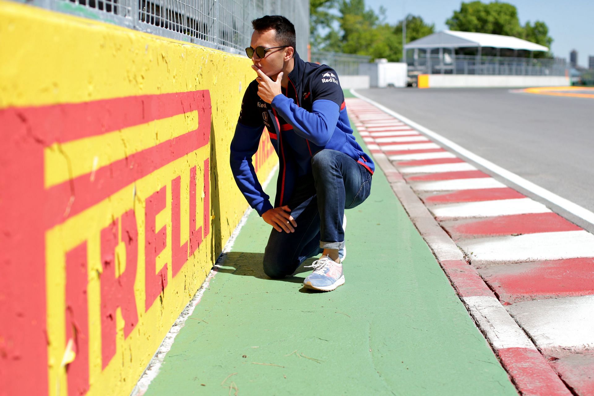 Alex Albon&#039;s iconic inspection of the &#039;Wall of Champions&#039; in 2019 (Photo by Peter Fox/Getty Images)