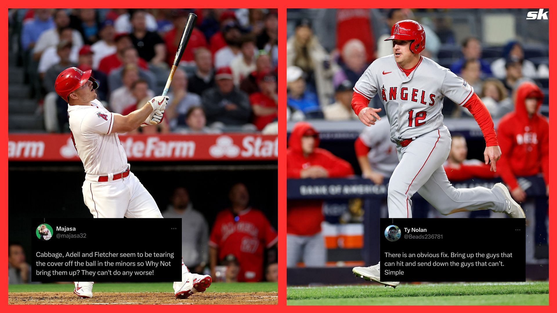 Mike Trout of the Los Angeles Angels flys out during a game against the Los Angeles Dodgers