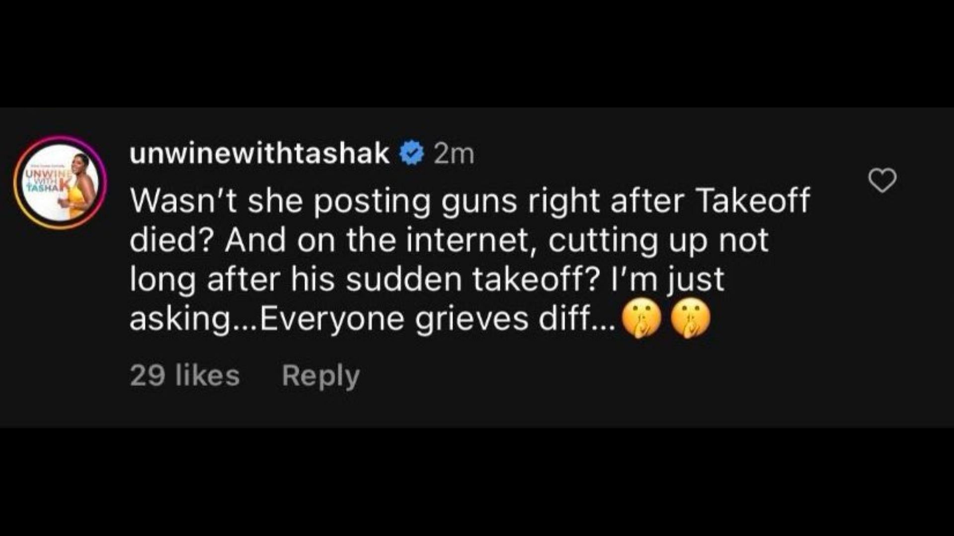 Screenshot of Tasha K&#039;s comment remarking on Cardi B slamming Brian Szasz.