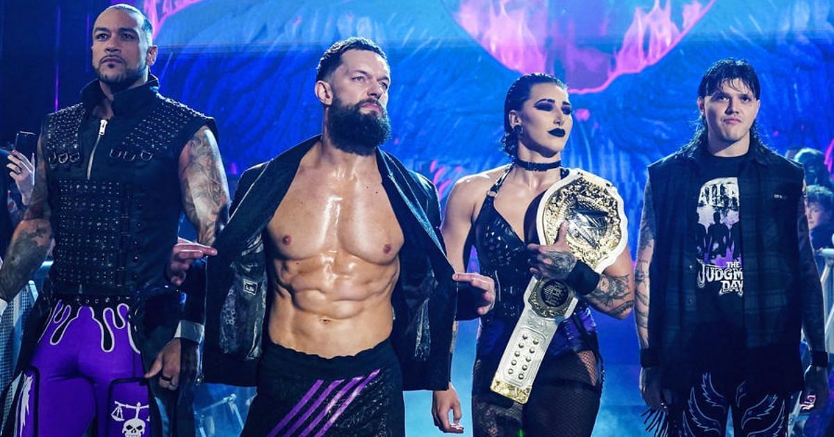 Damian Priest, Finn Balor, Rhea Ripley, and Dominik Mysterio.