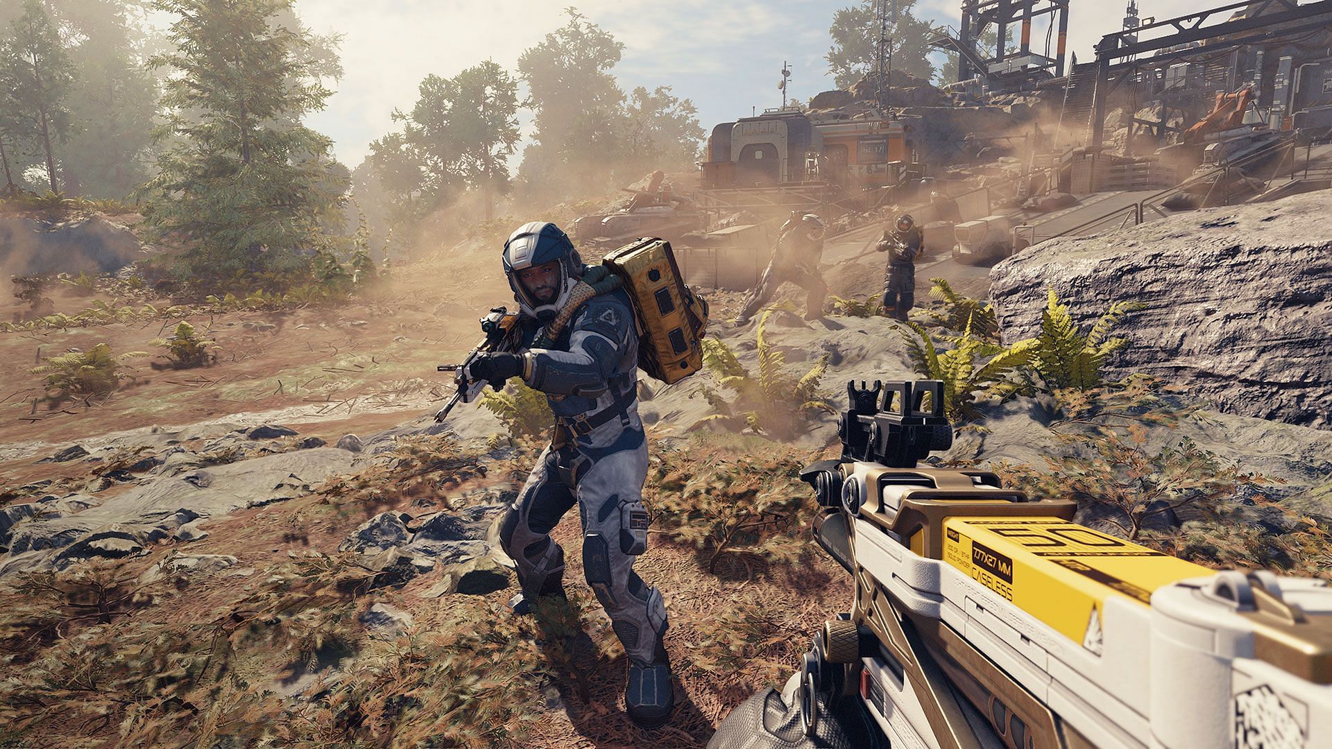 Starfield gameplay screenshot featuring the player equipped with a sub-machinegun facing a companion