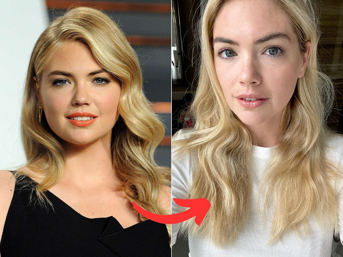 Stills of Kate Upton before (left) and after (right) makeup look (Images Via Getty Images)