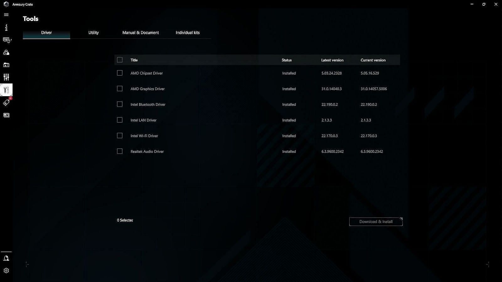 The driver updates&#039; utility in Armory Crate software (Image via Sportskeeda)