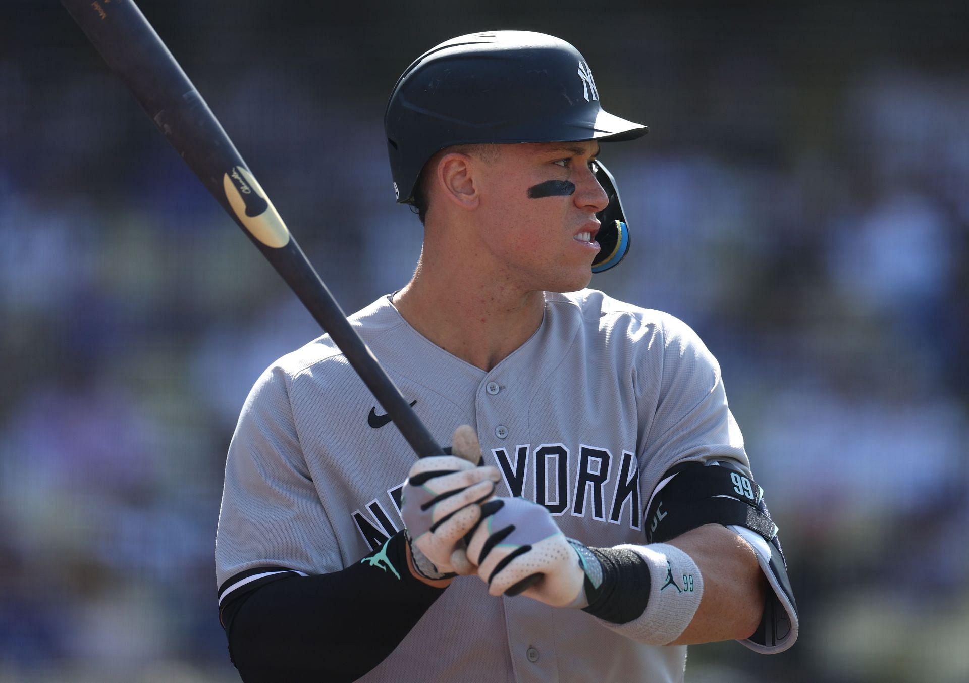 Aaron Judge #99 of the New York Yankees on deck against the Los Angeles Dodgers