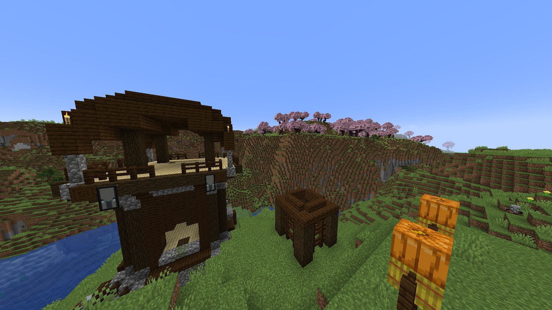 Pillager Outpost and Cherry Blossom biome at spawn (Image via Mojang)