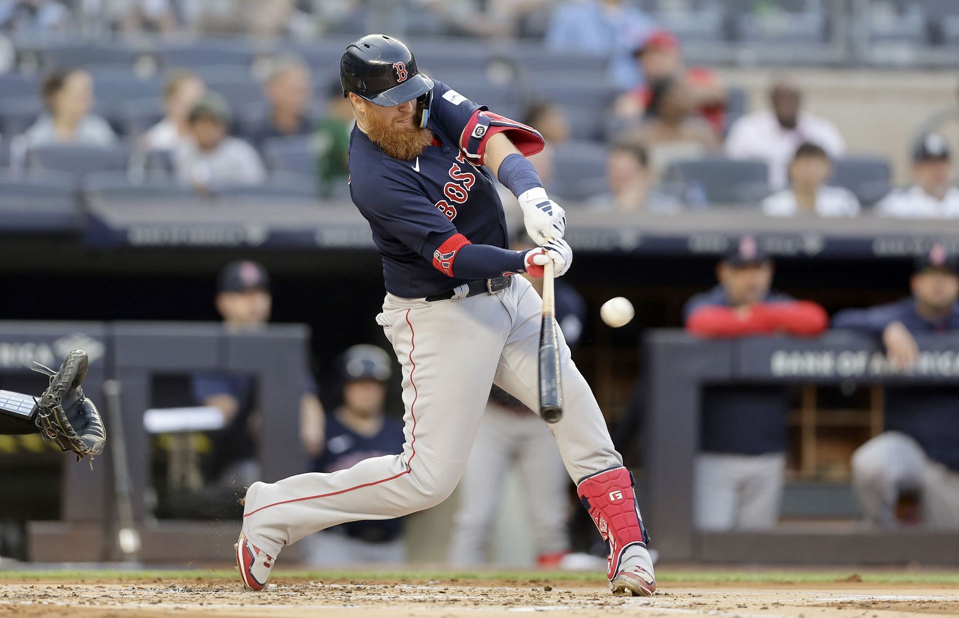 Justin Turner #2 of the Boston Red Sox hits a solo home run in the second inning against the New York Yankees at Yankee Stadium on June 11, 2023 in the Bronx borough of New York City. (Photo by Jim McIsaac/Getty Images)