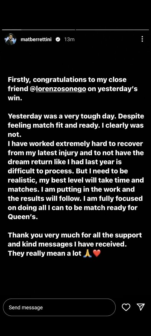 Screenshot of Matteo Berrettini's Instagram story.