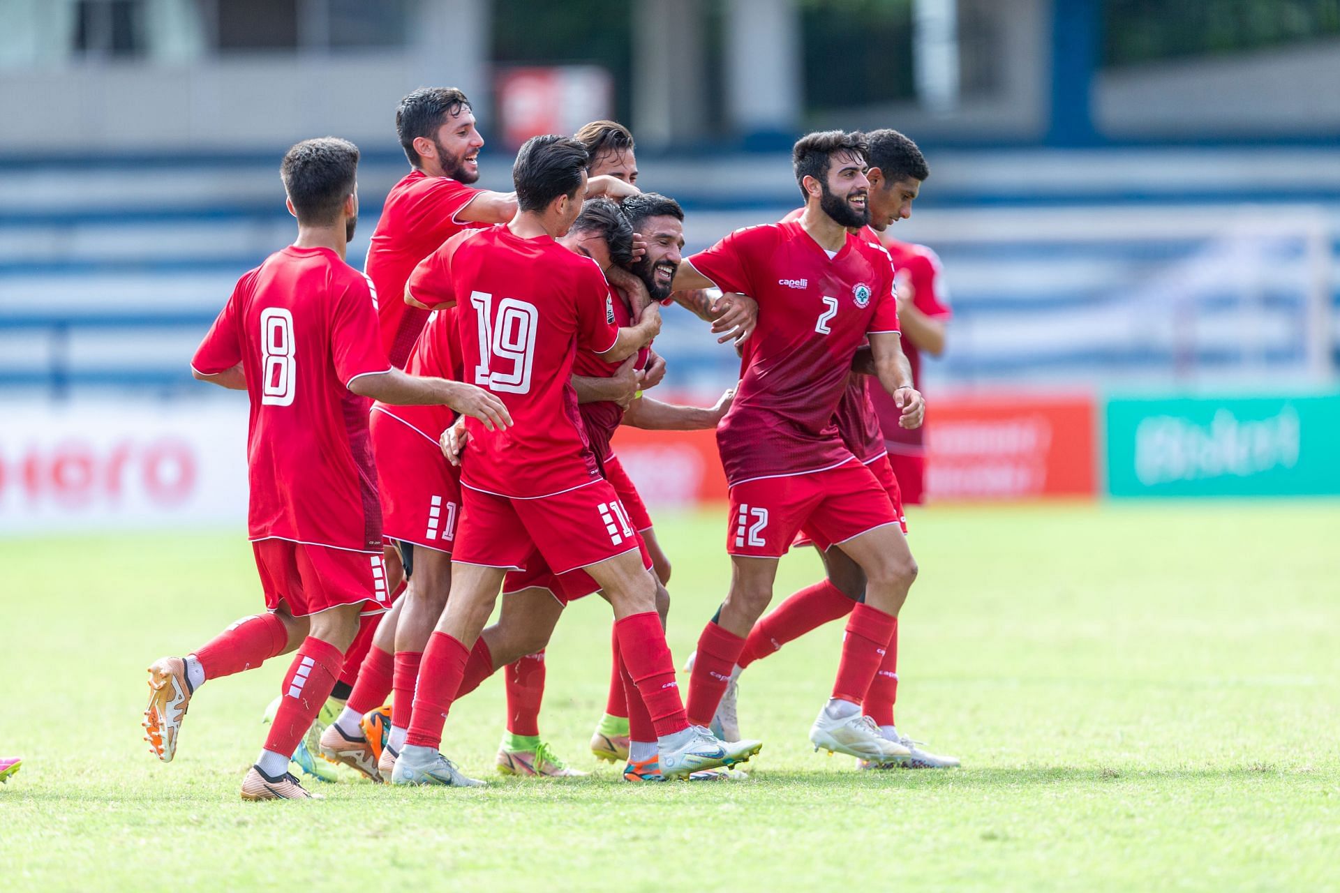 Lebanon players celebrate their goal against Maldives. [Credits: AIFF]