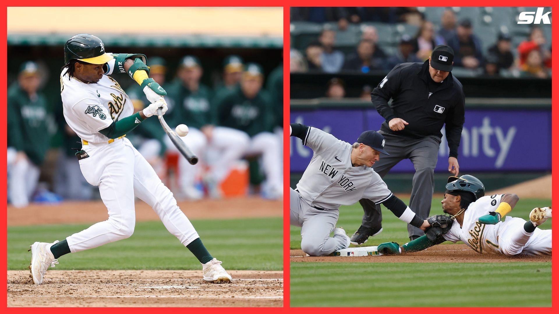 Esteury Ruiz of the Oakland Athletics safely steals second base as Anthony Volpe of the New York Yankees attempts to make a tag in the bottom of the third inning