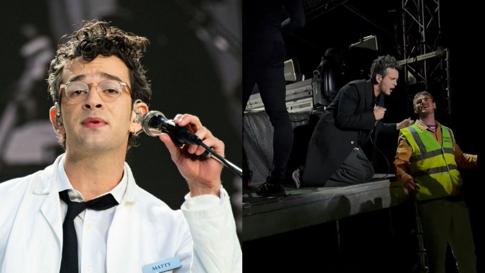 Matty Healy kissed a security guard during a concert. (Image via Getty Images, Twitter/@RapAccess)