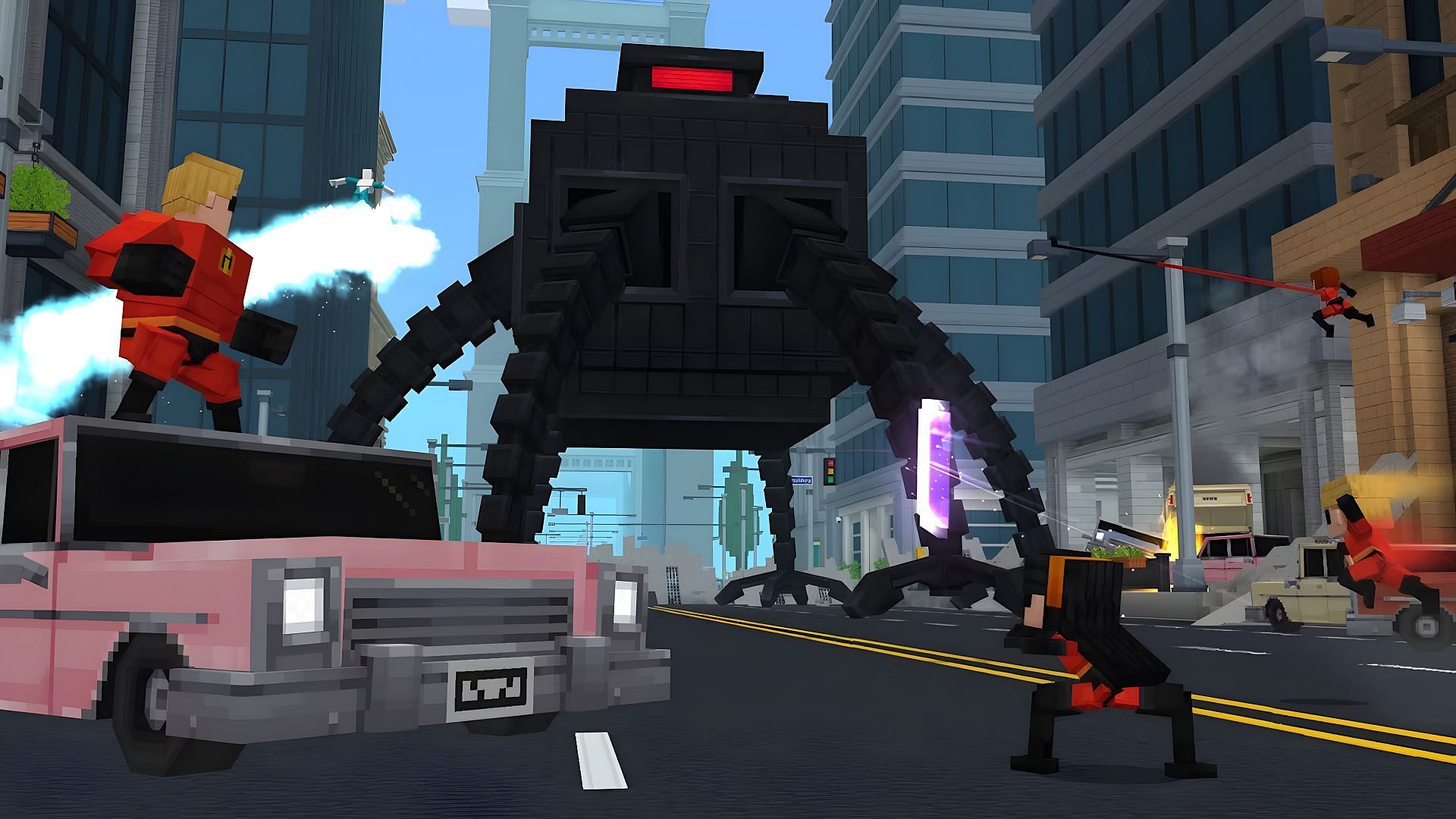 The Incredibles and Frozone battle an Omnidroid in Minecraft&#039;s latest crossover DLC (Image via Mojang/Disney/Pixar)