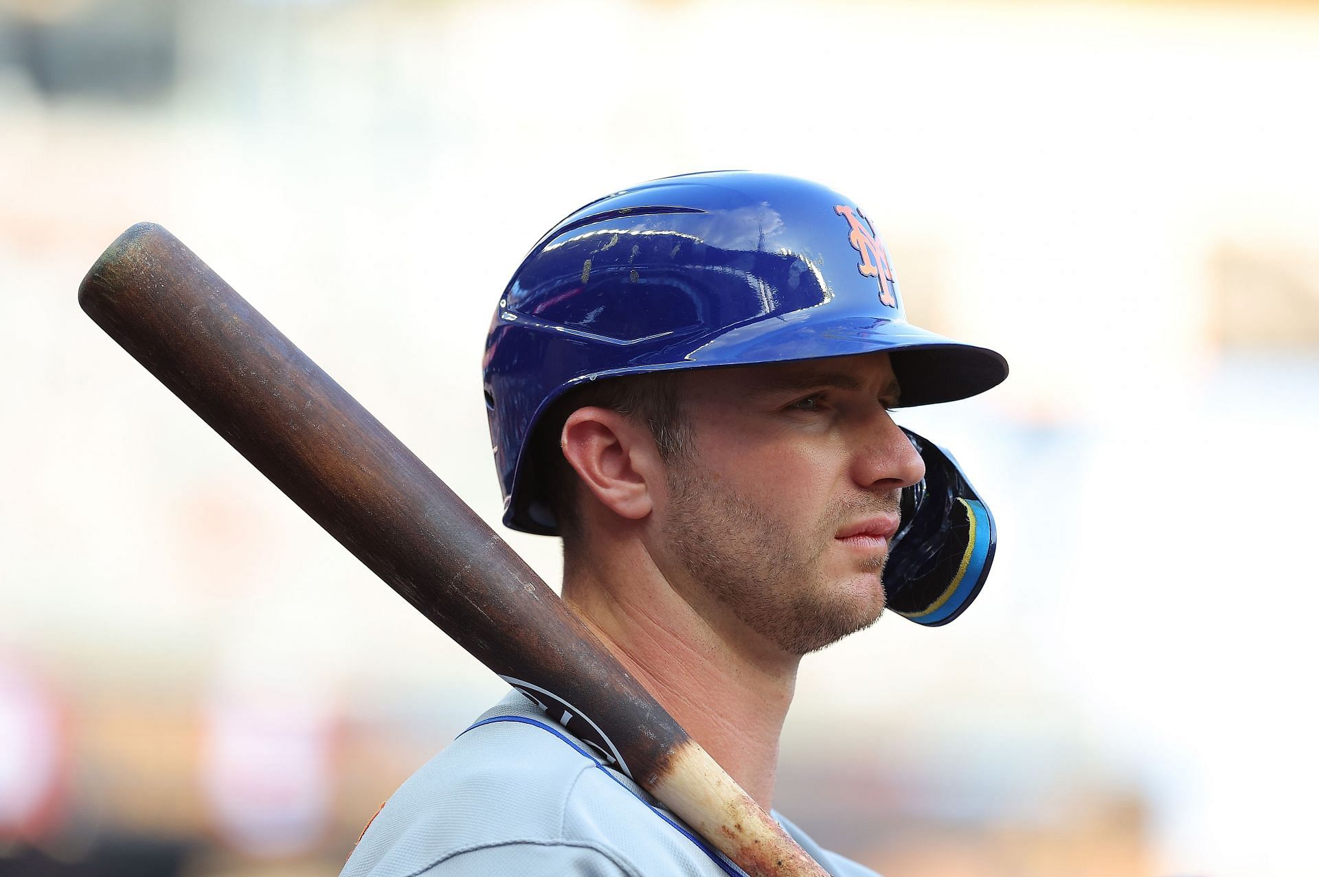 Pete Alonso #20 of the New York Mets stands in the dugout prior to walking to the on-deck circle in the first inning against the Atlanta Braves at Truist Park on June 07, 2023 in Atlanta, Georgia. (Photo by Kevin C. Cox/Getty Images)