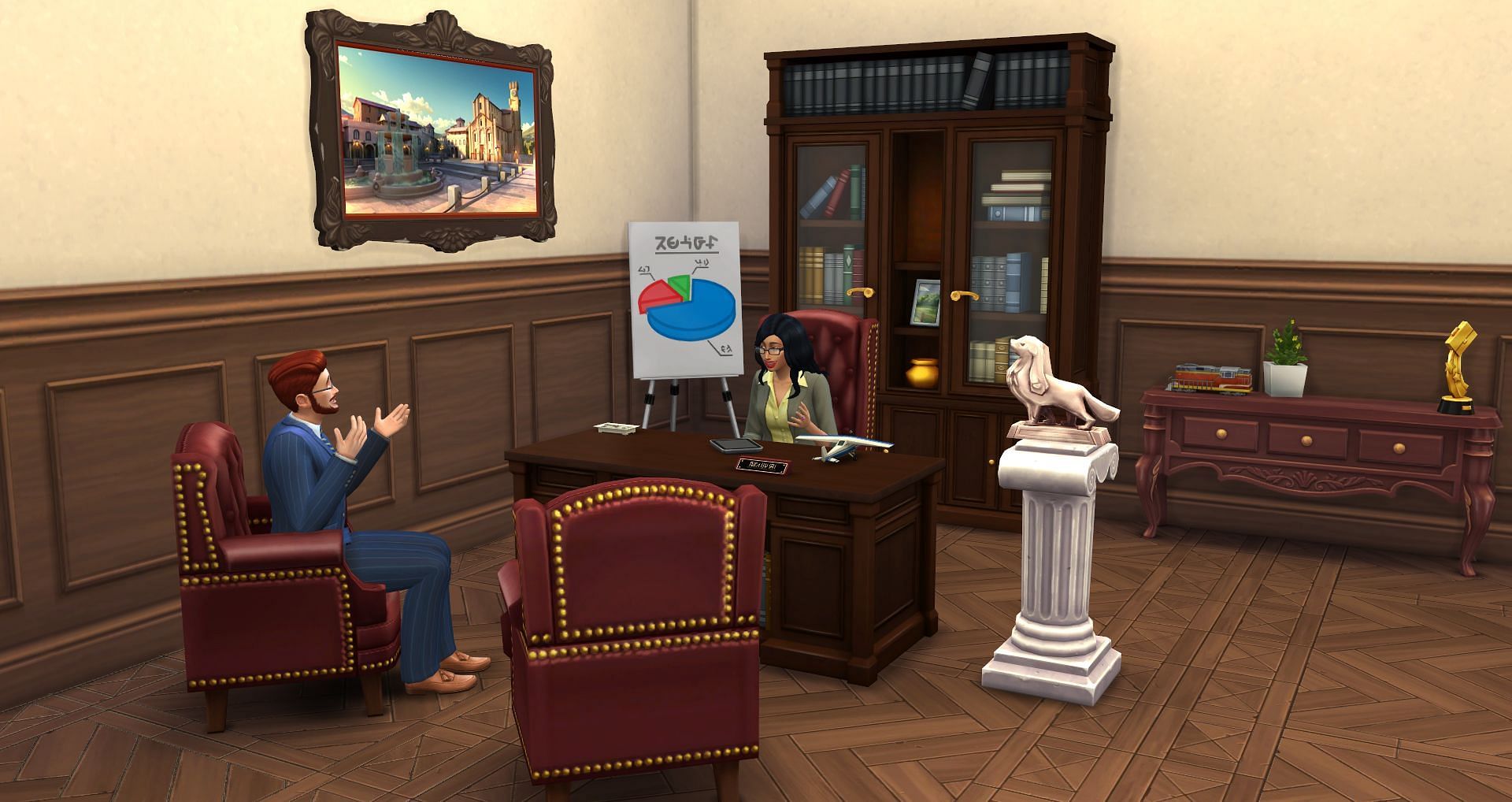 Build an empire and command the Sim economy as an influential business tycoon (Image via Maxis)