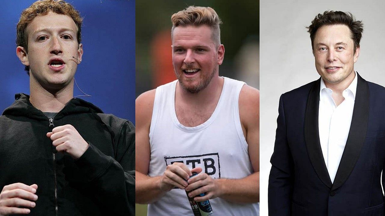 Pat McAfee (center)  is joking about the potential fight between Mark Zuckerberg (left) and Elon Musk (right). 