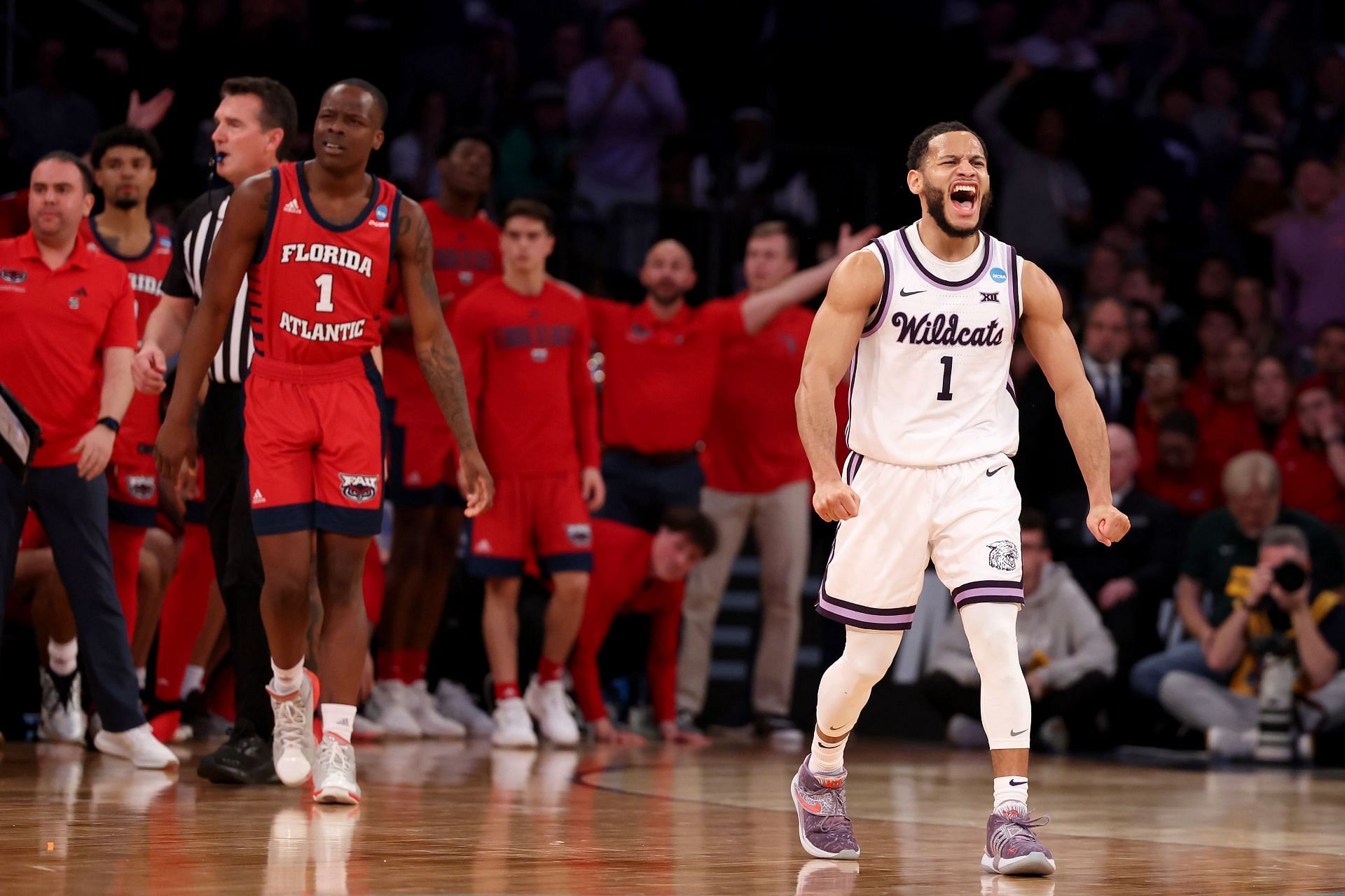 Markquis Nowell of the Kansas State Wildcats reacts against the Florida Atlantic Owls