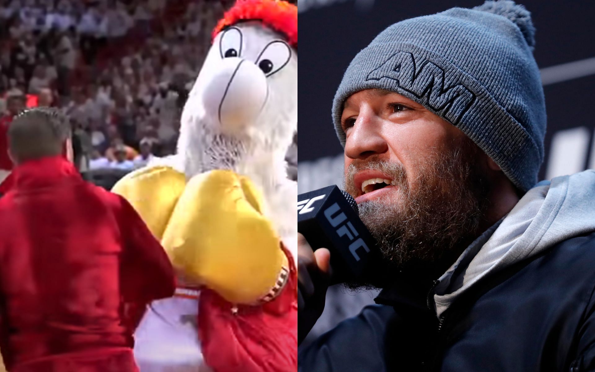 McGregor with the Miami Heat mascot (Left); Conor McGregor (Right) [*Image courtesy: left image via Good Morning America YouTube channel; right image via Getty Images]