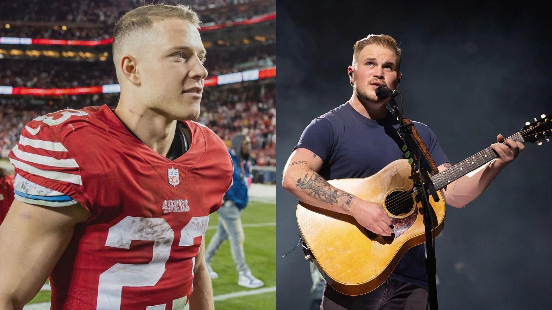 49ers RB Christian McCaffrey (L) jams on piano during country singer Zach Bryan