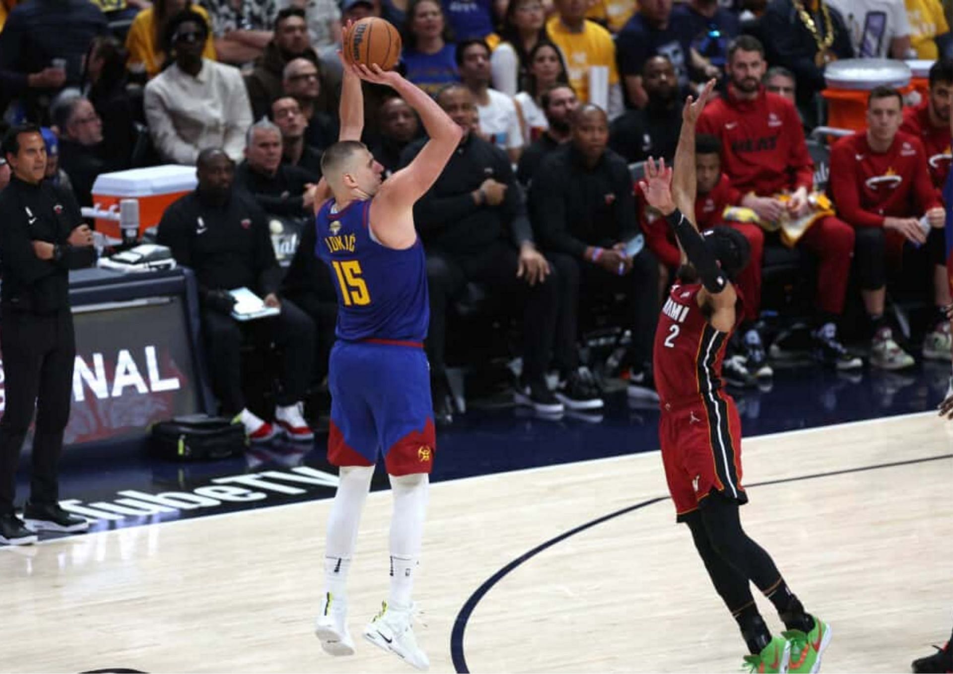 Nikola Jokic drained a deep three-pointer in Game 4 against the Miami Heat.
