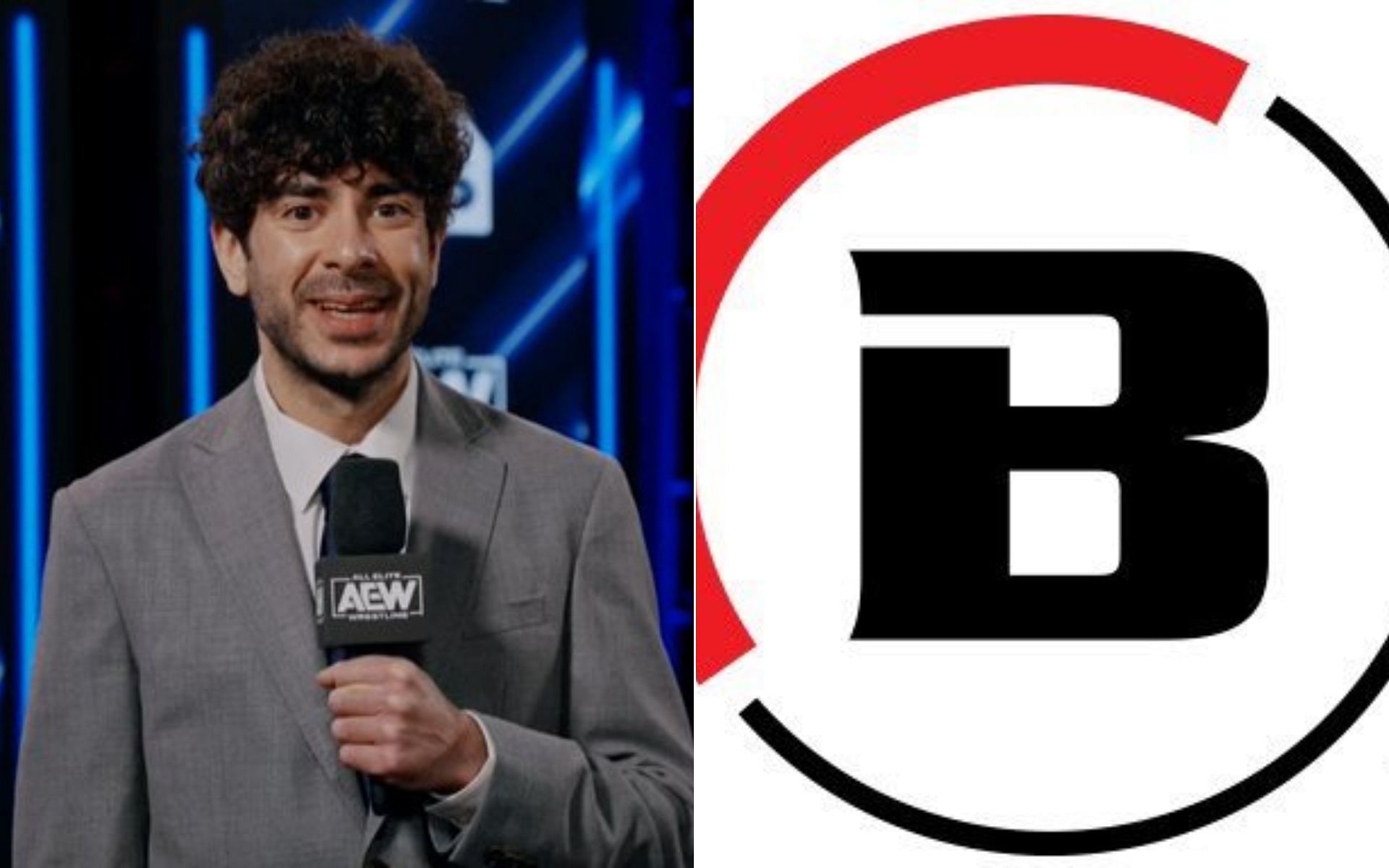 Tony Khan [Left], and Bellator logo [Right] [Photo credit: @AEW and @BellatorMMA - Twitter]