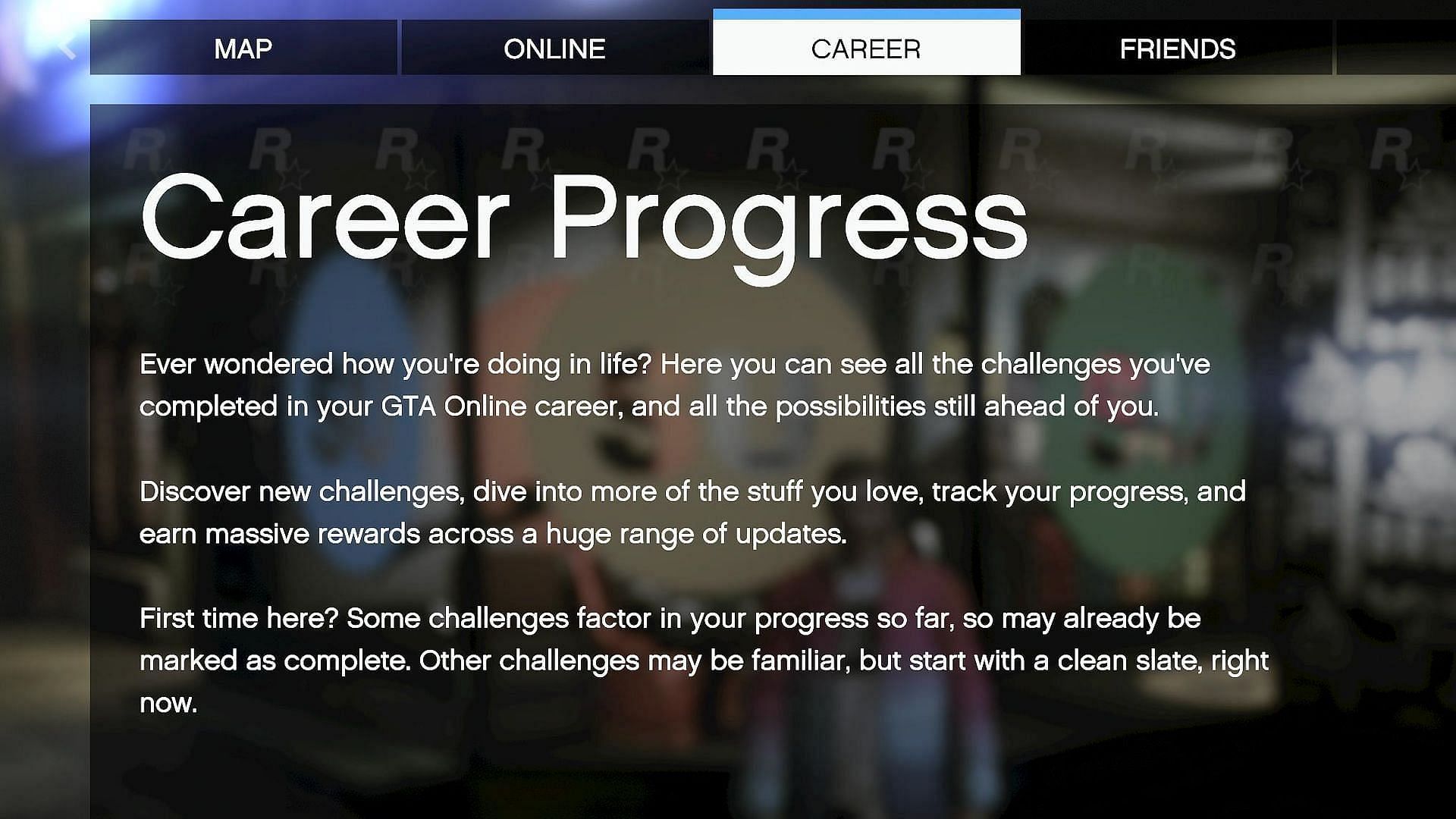 This is the Career Progress menu you need to select to see all the sub-menus (Image via Rockstar Games)