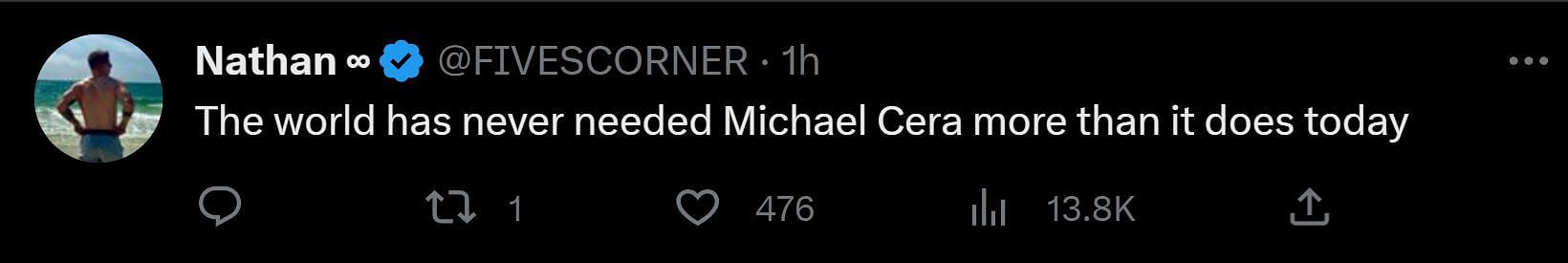 A tweet reply to Discussing Film&#039;s post about Michael Cera&#039;s casting in Anderson&#039;s film (Image via Twitter)