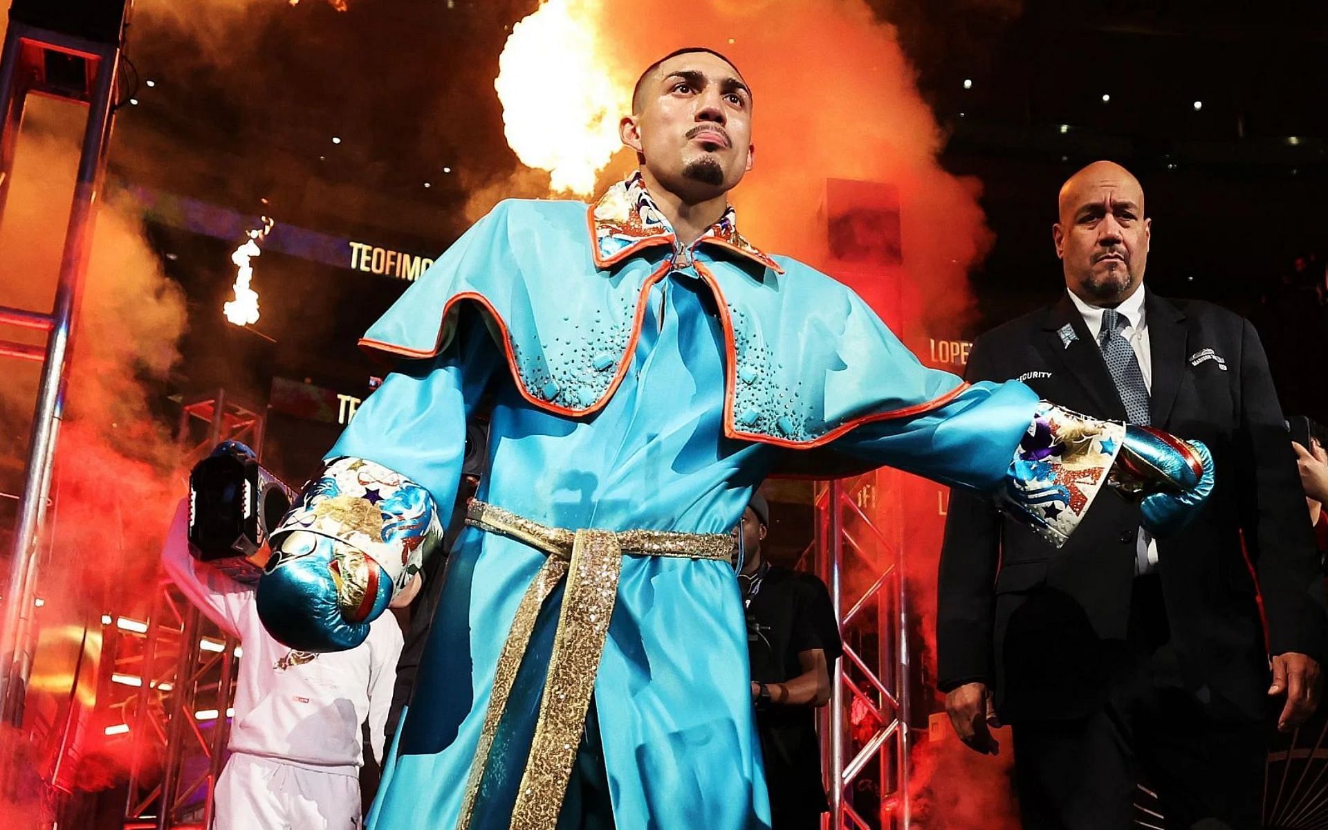 Teofimo Lopez makes his entrance for his fight against Sandor Martin