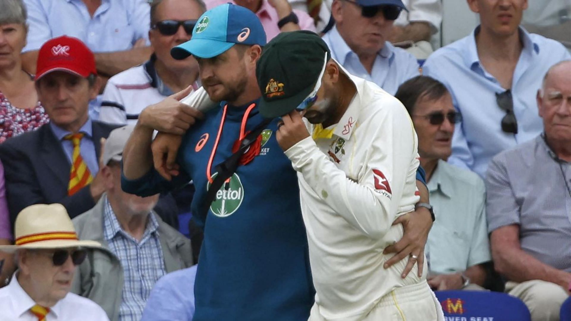 Nathan Lyon suffered a calf injury in the final session on Day 2