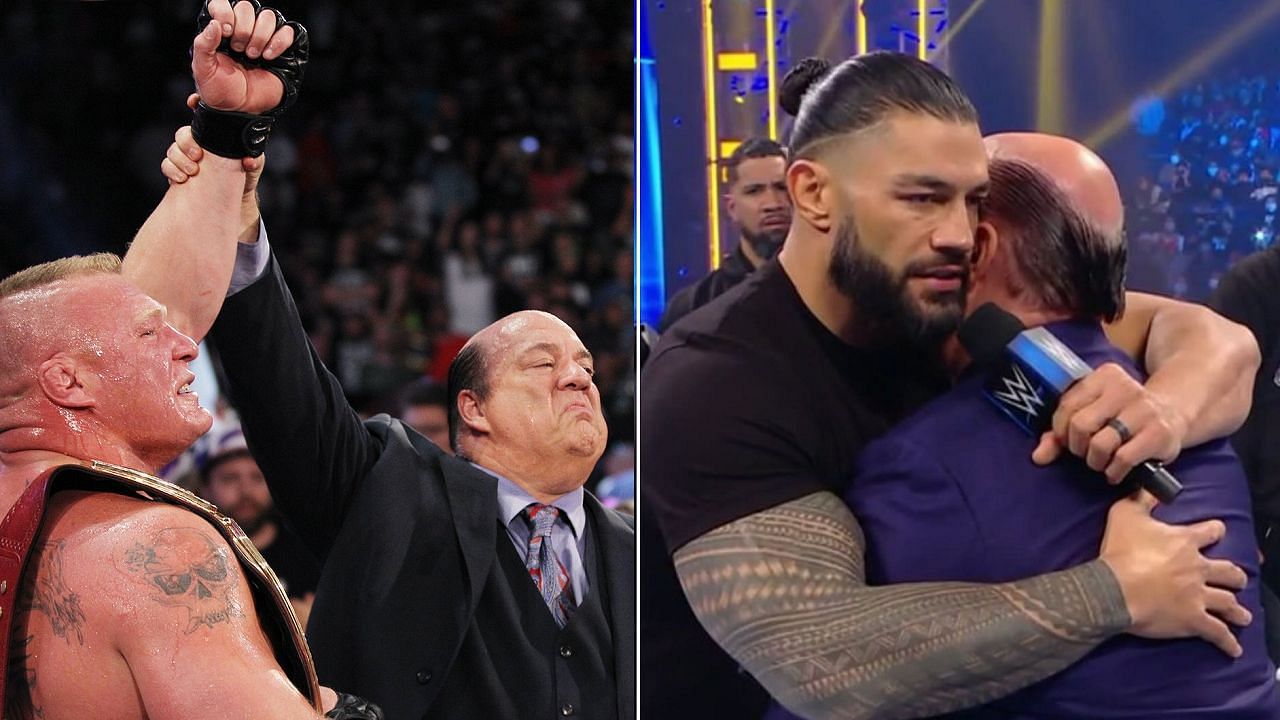 Heyman with Brock Lesnar (left); Heyman with Reigns (right)